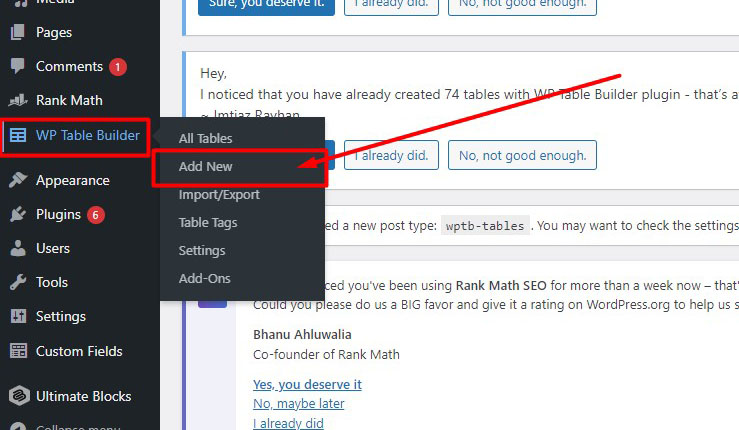 creating new page wp table builder