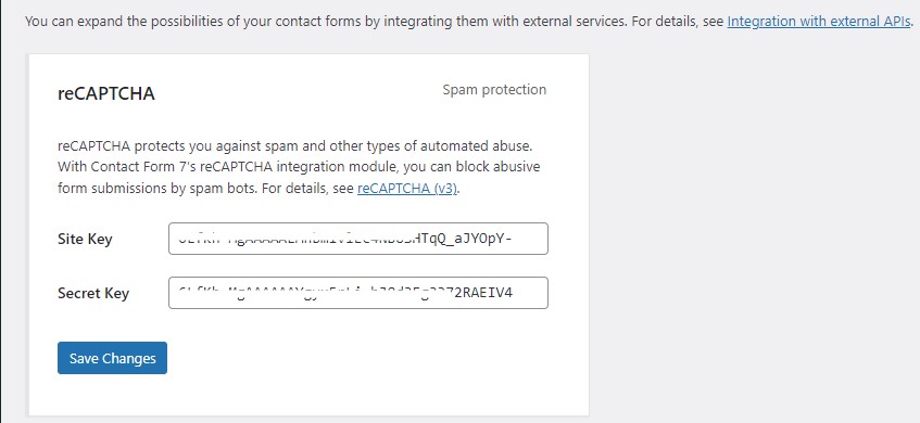 contact form 7 recaptcha add integrations keys